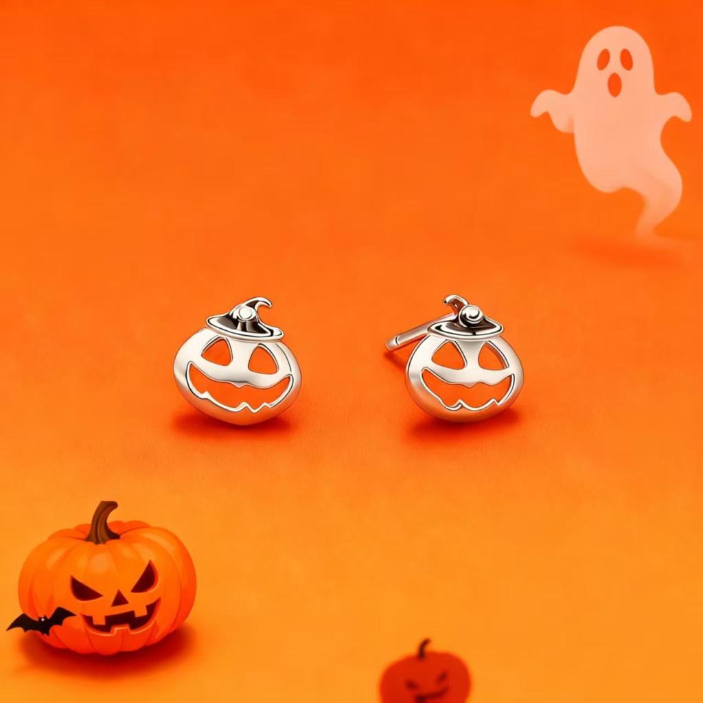 High-End S925 Silver Ghost Pumpkin Bat Halloween Earrings: Unique Minimalist Cartoon Studs for Women