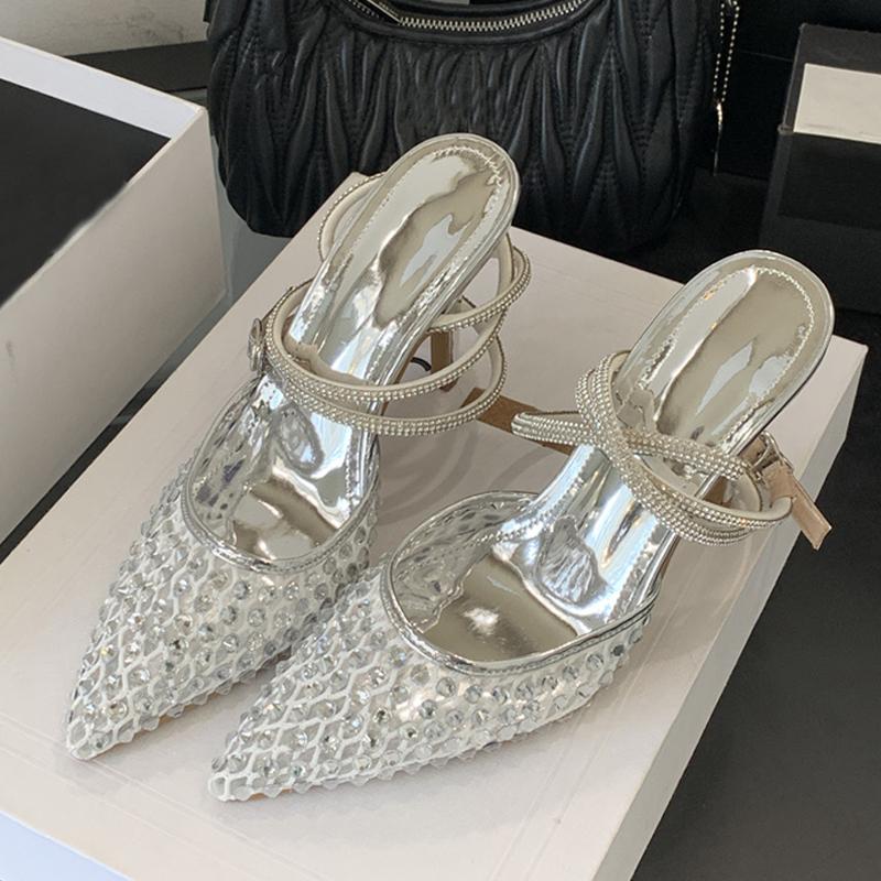 Woman Designer Rhinestone Mesh Pointed Toe Slingback Sandals Crystal Ankle Strap Women Pumps High Heels Party Prom Shoes