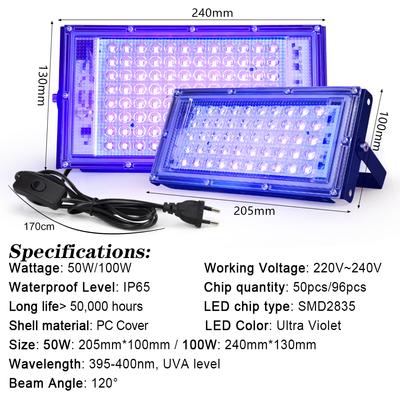 LED UV Sel Işığı 395nm 400nm 220V Su Geçirmez Ultraviyole Lamba 50W 100W 150W LED Sahne Siyah Işık DJ Disko Parti Sahne Arkası Aydınlatma