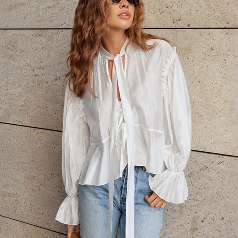 

Women White Tie Neck Long Sleeve Ruffle Trim Peplum Blouse S белый