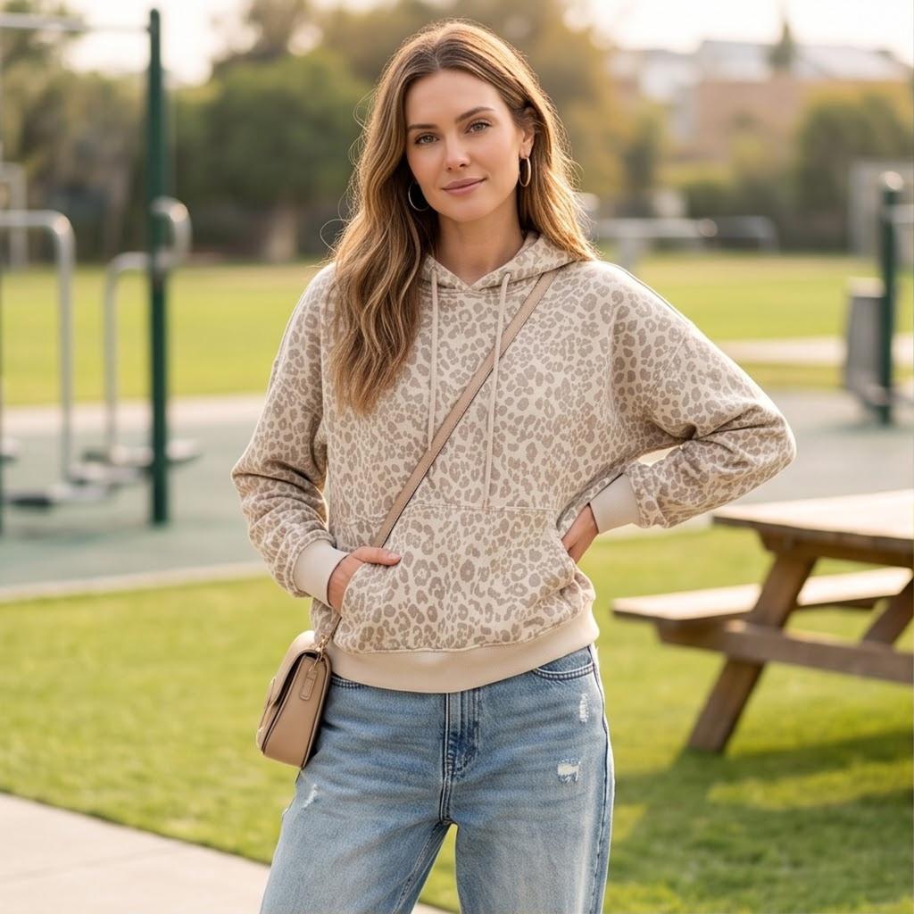 Damen Oversized Retro Kapuzenpullover mit Leopardenmuster