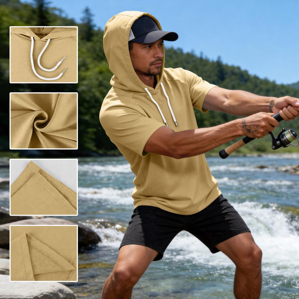 Men Short Sleeve Hoodie Casual Pullover Drawstring Hooded Shirt Relaxed Fit Lightweight Top for Everyday Wear