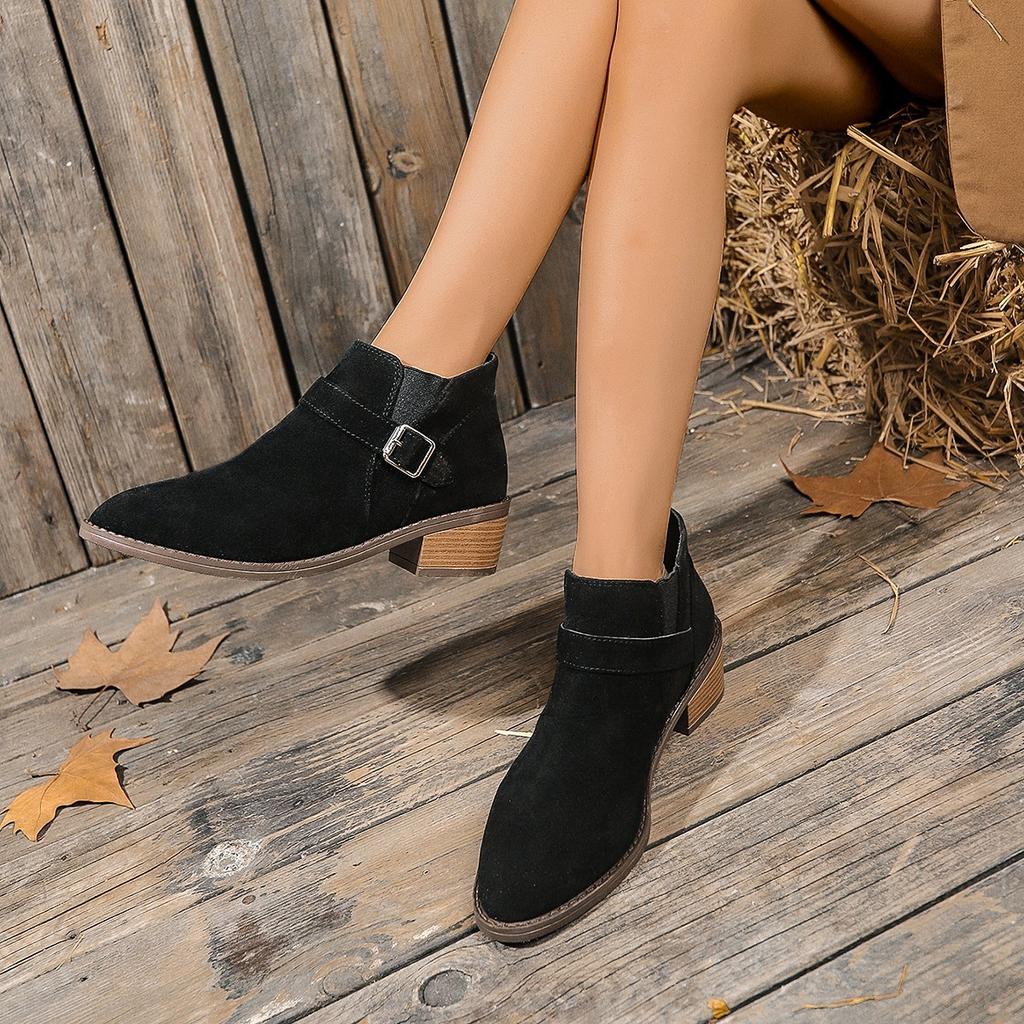 Autumn belt buckle short boots women's new thick heel suede large size Chelsea boots