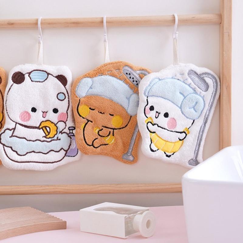 Cute Panda Bubu Dudu Cartoon ACG Decoration Soft Double Layer Thick Absorbent Coral Fleece Hanging Towel for Home and Travel