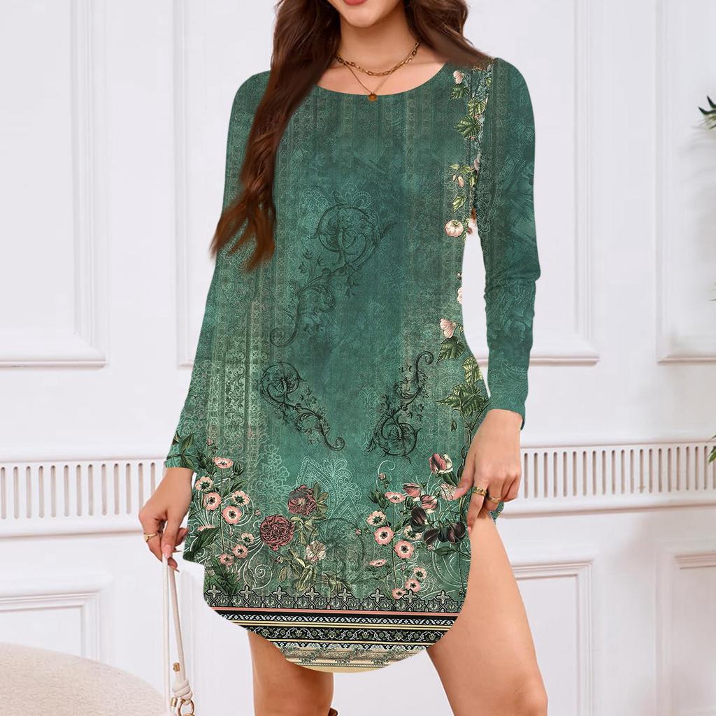 Women's Long-sleeved T-shirt Dress With Round Neck, Knee-length, Loose Fit, Casual And Pockets