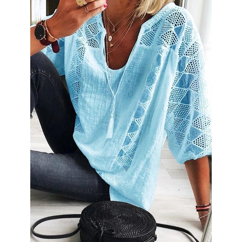 BITCED Women's Fashion Casual Solid Color Print 3/4 Sleeves V Neck Blouses & Shirts