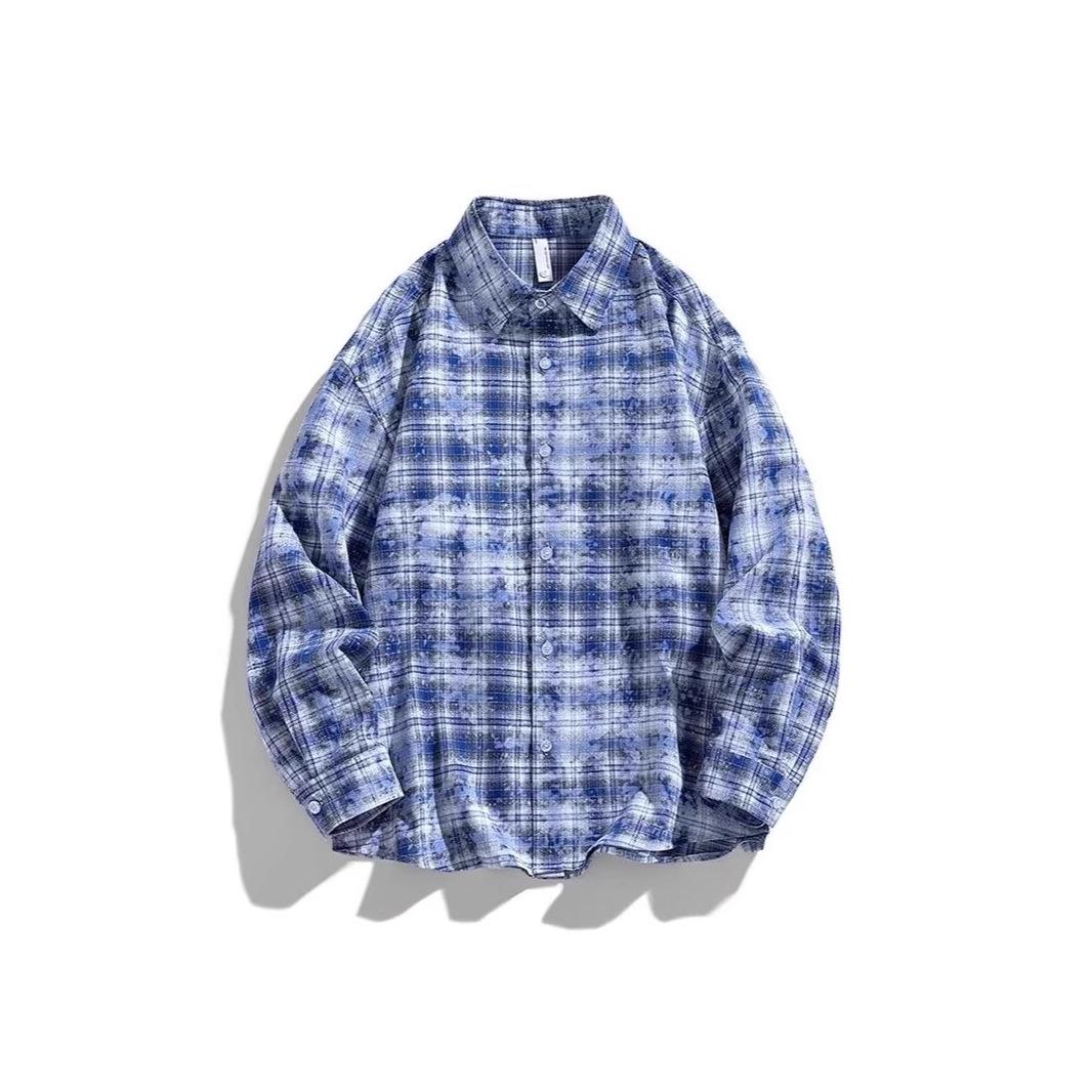 

Корейско-японская клетчатая рубашка 2025: Унисекс Модная Свободная Повседневная Куртка с Длинным Рукавом XXXL синий