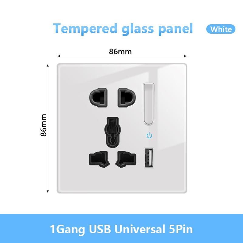 White LED Indicator Light Switch Panel Glass Piano Key Self-reset Wall Switch socket,UK FR EU Universal USB Electrical Outlet