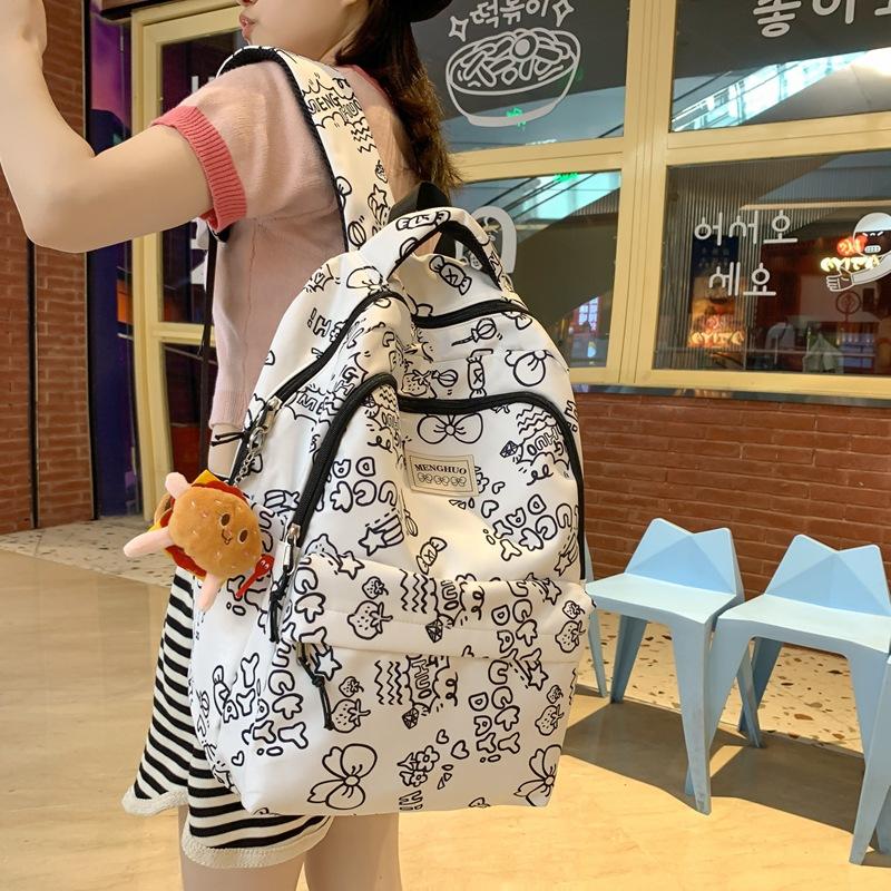 Graffiti print bear student schoolbag junior high school student ins wind large capacity backpack with pendant