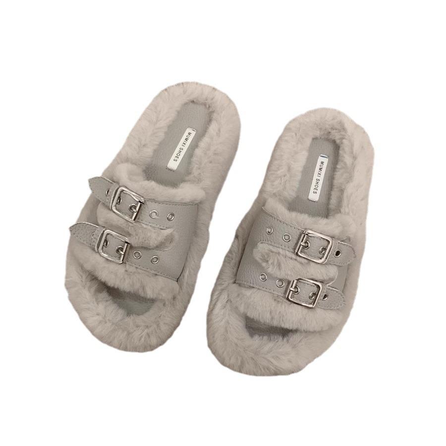 Papuci pufoși cu talpă groasă pentru femei, de exterior, 2024 nou toamnă și iarnă, retro, nișă, cu cataramă de curea, cu talpă plată, pantofi de pluș din bumbac