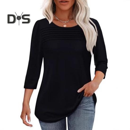 Damen-Oberteile, Rundhalsausschnitt, 3/4-Ärmel, plissierte Bluse, Frühling/Sommer, einfarbig, lockere Passform, lässiges T-Shirt für den Alltag