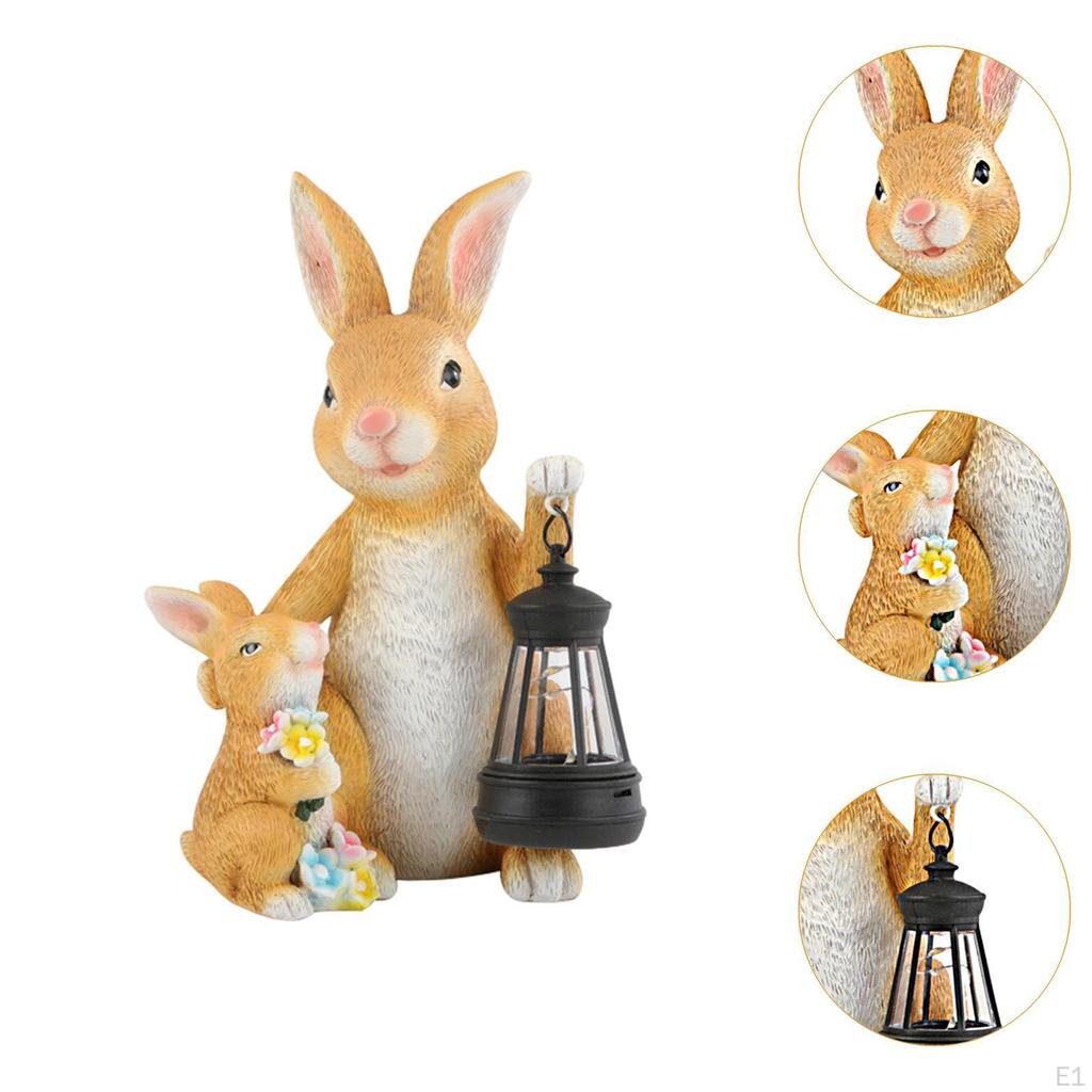 Solar Light Garden Statue Bunny Ornament Father and Son Decor Rustic Patio Decoration for Lawn