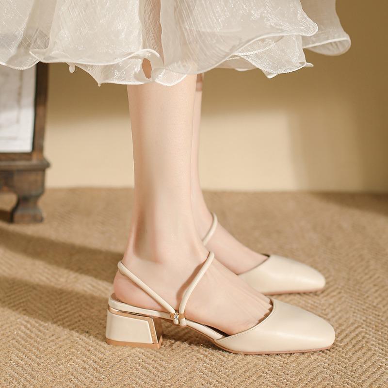 Fashion Multi Designs Apricot Women's Sandals Cover Toe Chunky Heel Office Lady Sandals Fashion French Butterfly Knot Beads Women Shoes