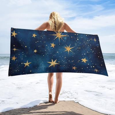 Starry Night Sky Beach Towel Large,Super Absorbent Quick-Dry Microfiber Bath Towel with Golden Stars Moon Design,Perfect Summer
