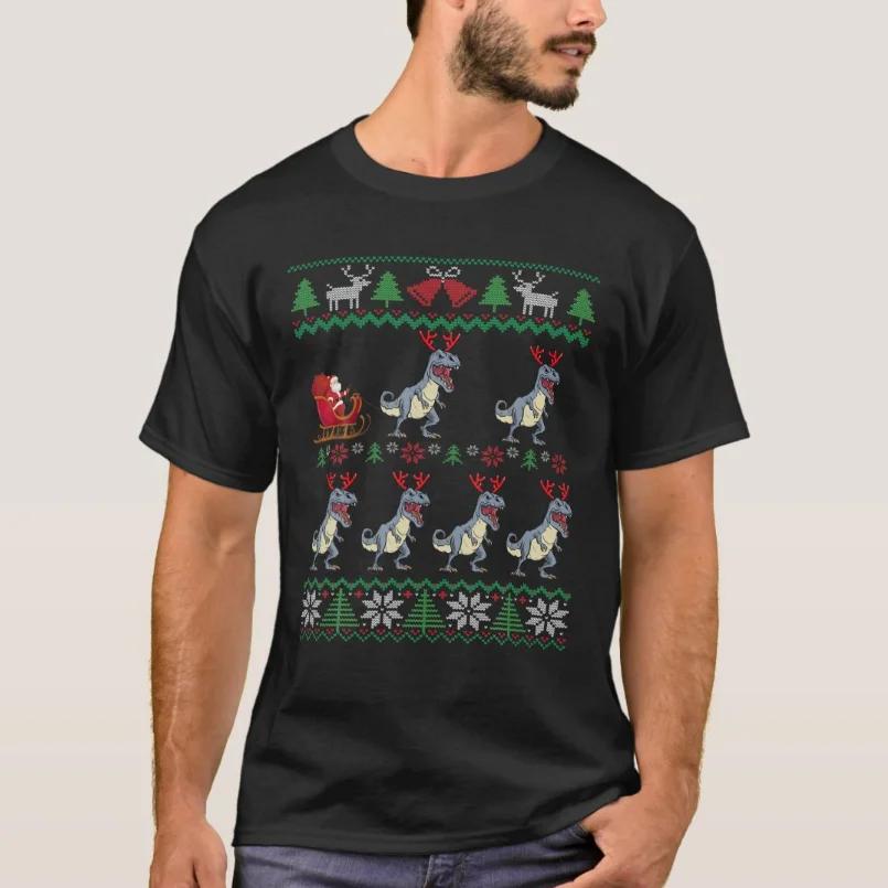 T Rex Pulling Santa Sleigh  Dinosaur Ugly Christm Sweatshirt T Shirt Summer 100 Cotton ONeck Short Sleeve Casual Mens Tshirt S