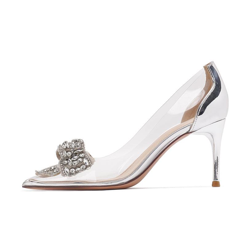 

Мода Новые женские кристально чистые туфли на высоком каблуке Женские летние туфли на шпильках с острым бантом Изысканные туфли со стразами 40 серебряный