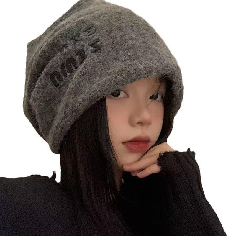 Womens Warm Knit Beanie Hat With Letter Print Foldable Winter Headwear Cold Weather Ear Protection Slimming Face Effect