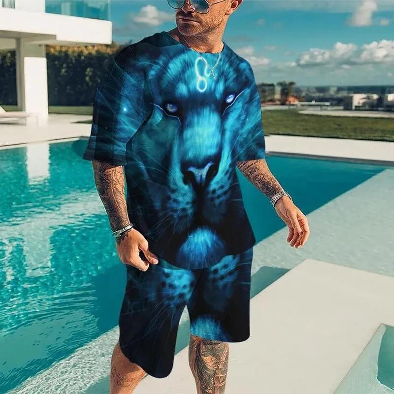 Men Cool Lion Tiger T-shirt Set 3D Animal  Print Casual Style T-shirt Shorts Set Summer New Fashion Street Clothing High-quality