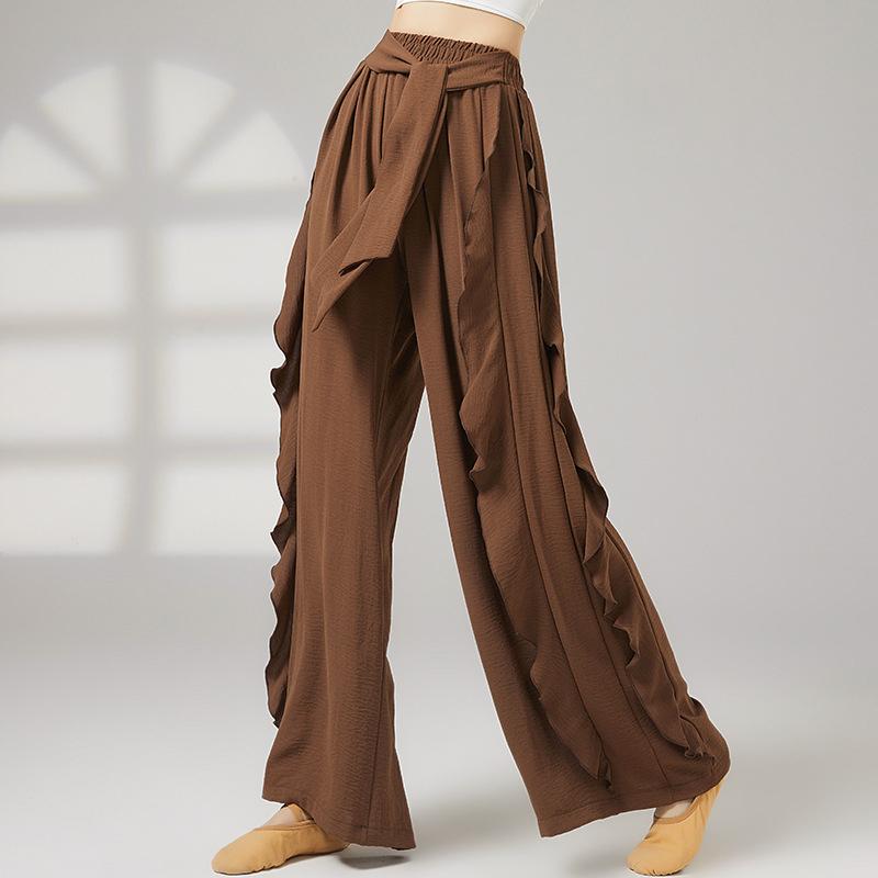 

Classical Dance Pants Women Ruffles Splicing Side Loose Wide-Leg Trousers Elastic Waist Soft Yoga Daily Stage Training Dancewear XS темно-коричневого кольору