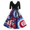 Women Vintage Dress with Scalloped Neckline Half Sleeve Star Print High Waist Tie Back Retro Style