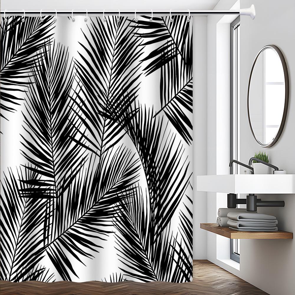 

1Bold Black & White Palm Fronds Shower Curtain - Tropical Minimalist Design, Machine Washable | Nature-Inspired Bathroom Decor W60H190(CM)-1 Pcs