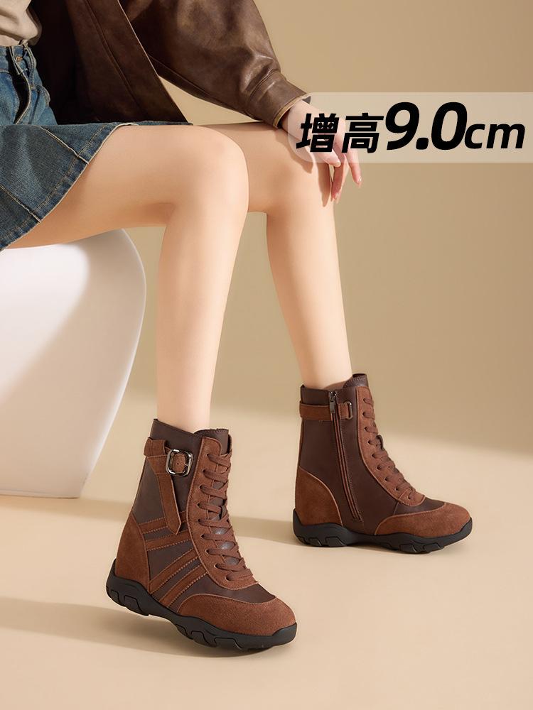 Fashion Martin boots women's 2025 autumn new non-slip tooling boots 9CM short boots invisible thick sole inner height increase rhubarb boots