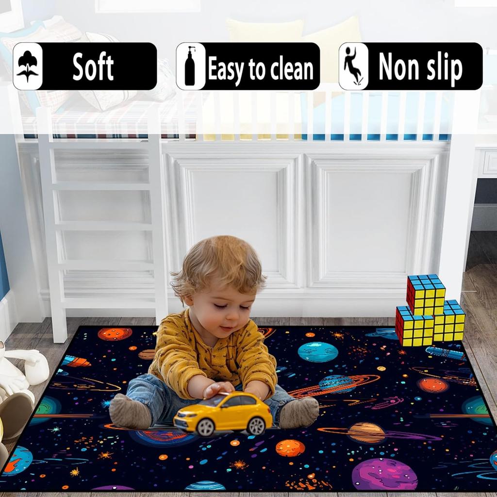 Outer Space Galaxy Rug for Kids Bedroom, Solar System Play Carpet, Universe Theme Non-Slip Floor Mat for Boys and Girls
