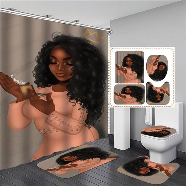 4PCS Full Set Bathroom Curtain Set Elegant African Black Woman Shower Curtain Hooks Modern Bath Mat Toilet Lid Cover Anti-slip Bath Mats