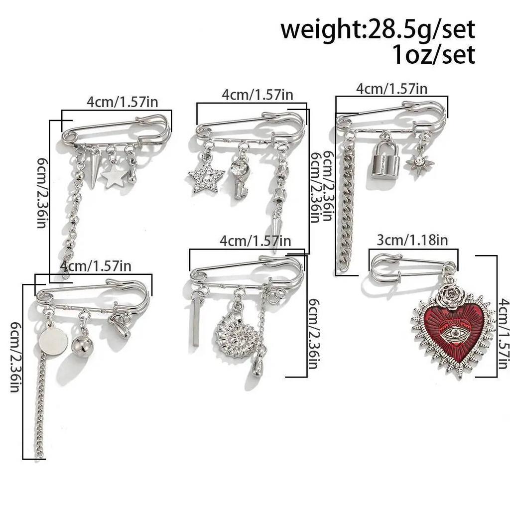 Ingemark 6Pcs/Set Vintage Punk Metal Tassel Brooch Women Men Creative Heart Star Conch Shape Pendant Suit Pants Pin Accessories