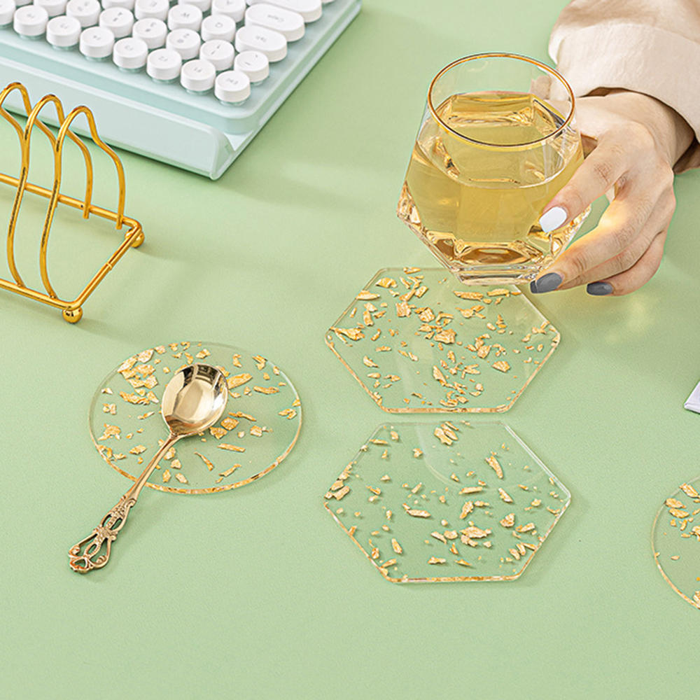 Round/Hexagonal Acrylic Coasters Clear Gold Foil Tableware Coffee Coasters
