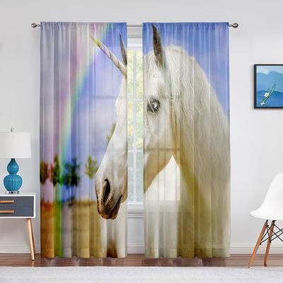Tenda Voile Trasparente Unicorno Bianco Animale Colorato Arcobaleno Finestra Tulle Tende per Soggiorno Camera da Letto Cucina Decorazione Drappeggi
