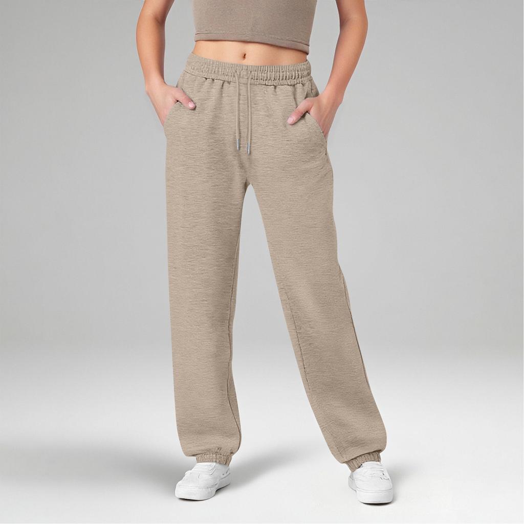 Women's Wide Leg Sports Pants Yoga Straight Mid-Rise Drawstring Elastic Low-Waist Clothing With Pockets