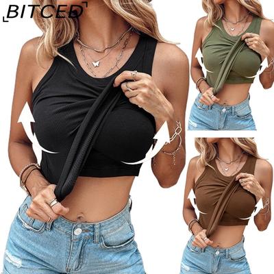 Women's Summer Solid-Colour Tank Top with Bra and O-Neck Sensual Undergarment for Layering or Outerwear Vests