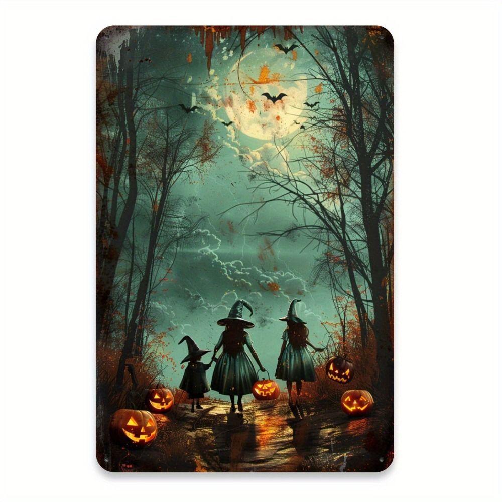Witch Cat Forest Halloween Sign Metal Tin Sign 20x30 cm Wall Decor