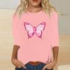 Women's Breast Casual Top with 3/4 Sleeves Round Neck Loose Fit Printed Ribbon Heart Butterfly Pattern for Daily Wear