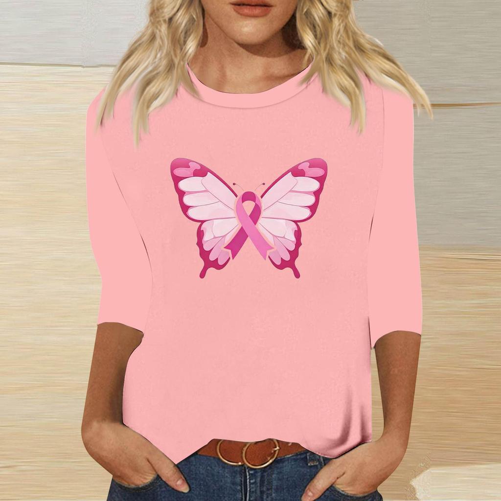Women's Breast Casual Top with 3/4 Sleeves Round Neck Loose Fit Printed Ribbon Heart Butterfly Pattern for Daily Wear
