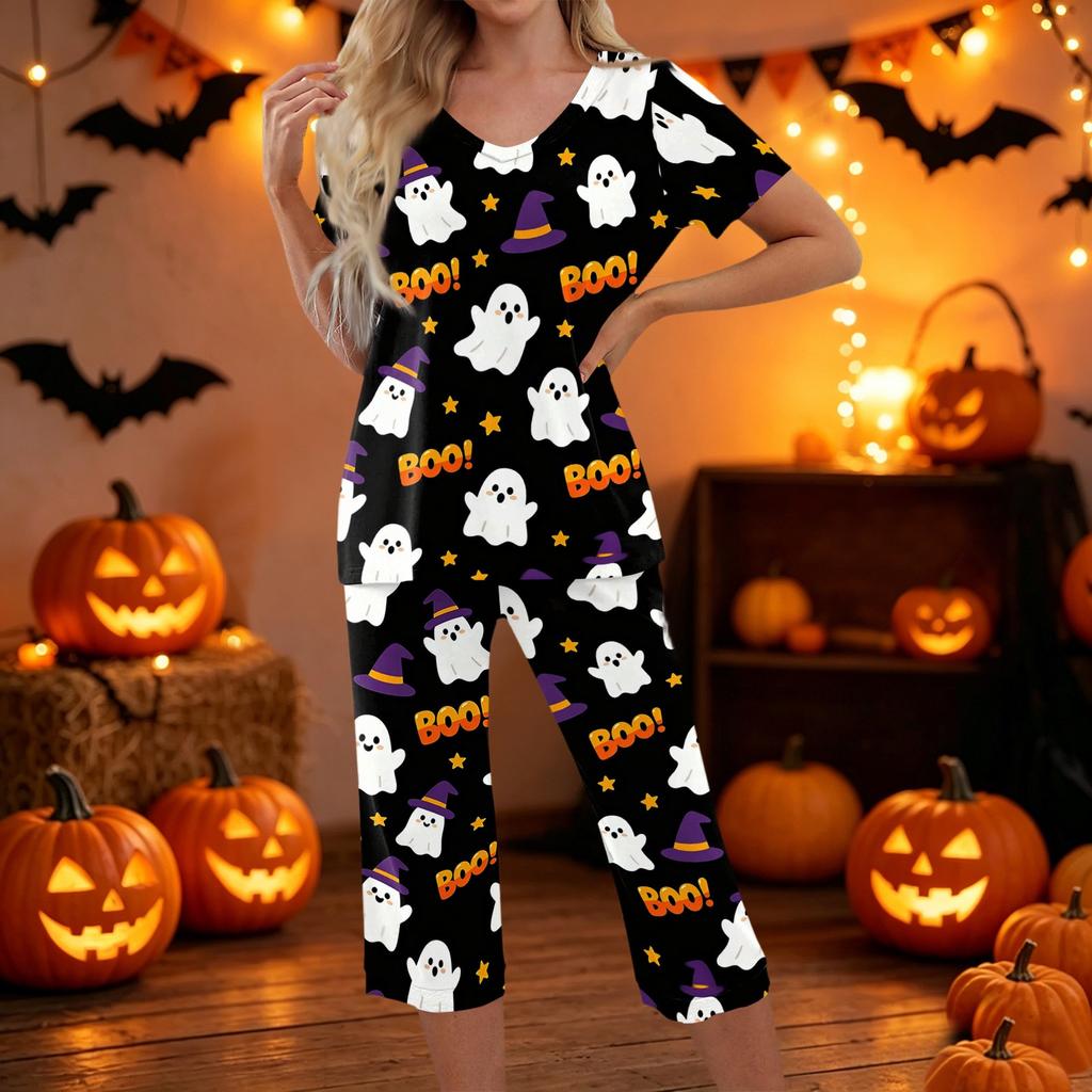 Women Halloween Printed Two Piece Set Short Sleeve Casual Top and Cropped Pants Comfortable Relaxed Fit Outfit