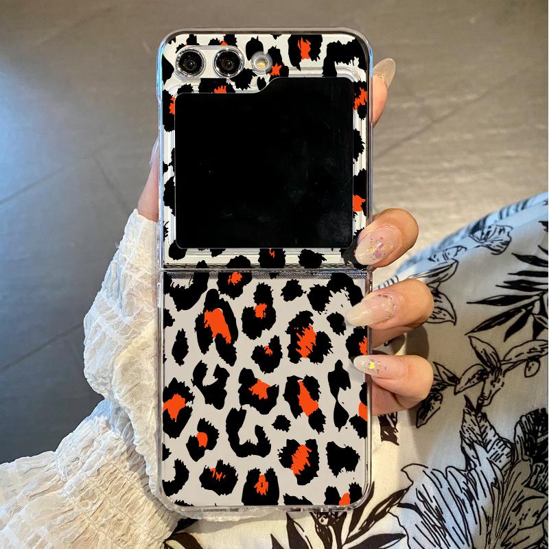Transparent Leopard Pattern Folding Phone Case For Samsung Galaxy Z Flip 7 6 5 4 3 5G Hard Cover For Samsung Z Flip7 Flip6 Flip5