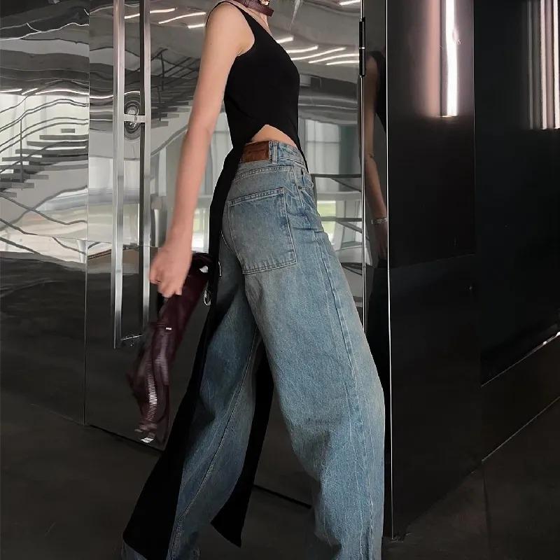 Dámský asymetrický dlouhý top bez rukávů s rozparkem na lemu, úzký střih, ležérní streetový styl, tílko