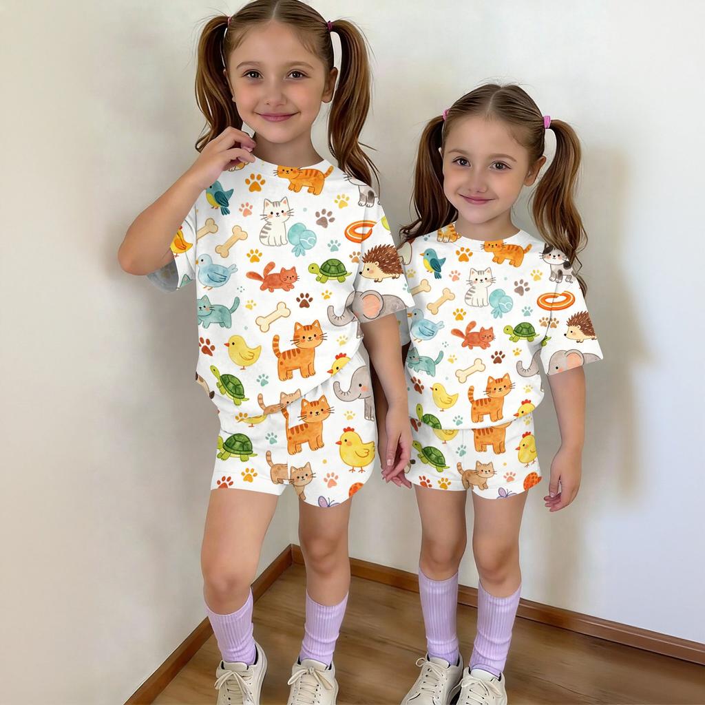 Kids Casual Short Sleeve Animal Print Top and Shorts Set Lightweight Breathable Soft Fabric Comfortable Fit