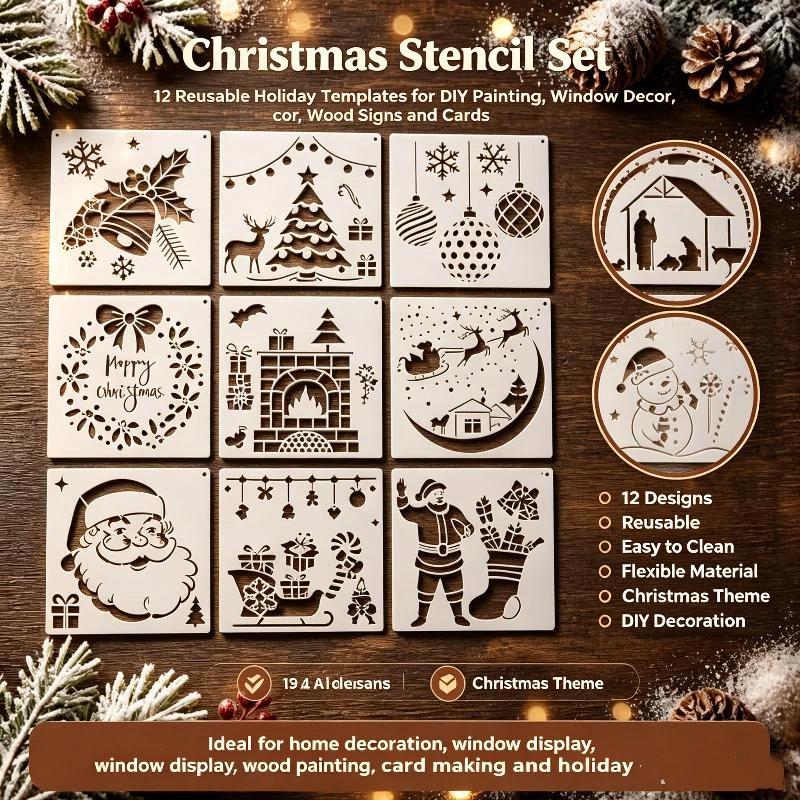 12/16Pcs Christmas Series Painting Stencils Reusable Washable For Watercolor Stone Graffiti And More