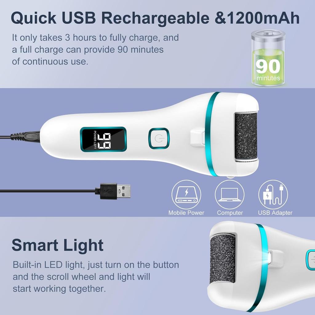 Callus Remover, Foot File Rechargeable 2 Speed, Professional Foot Scrubber with 3 Coarse Roller Heads,