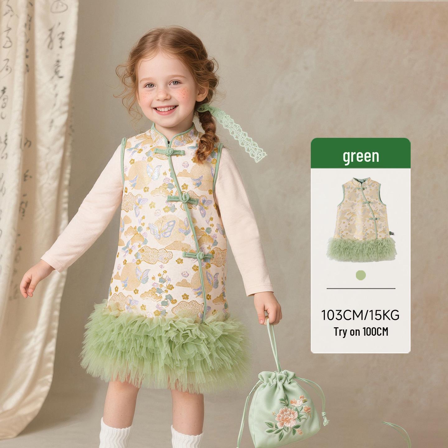 Осеннее платье-ципао для девочек Tongbei 2025: Танский костюм с китайским принтом и дизайном с пуговицами-лягушками 100 cm