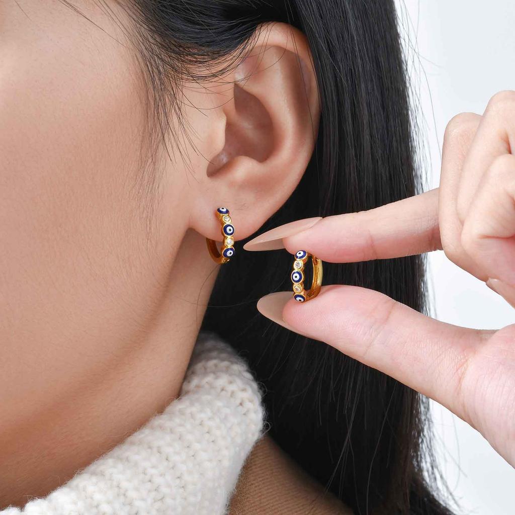 Fashion Zircon Demon Eye Hoop Earrings for Women, Turkish Lucky Blue Eyes Round Huggies Earring , Hypoallergenic Vintage Jewelry