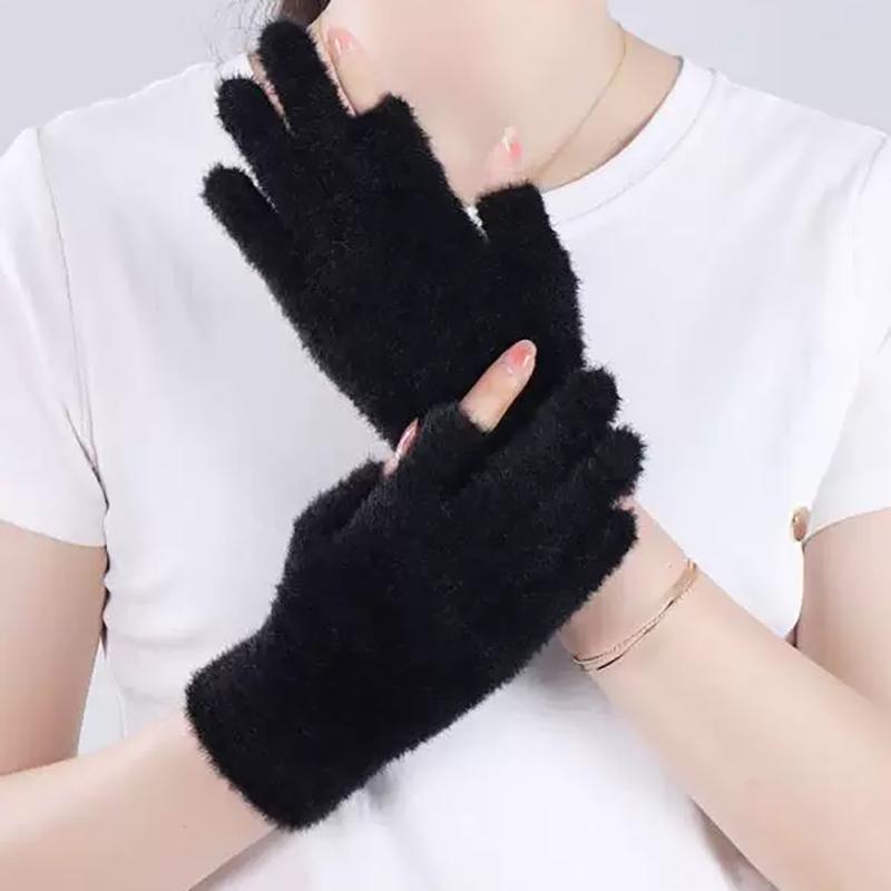 WTEMPO 3 Pairs Solid Color Autumn Winter Fashion Warm Writing Typing Gloves Outdoor Cycling Thick Plush Cold-proof Windproof Soft Couple Gloves