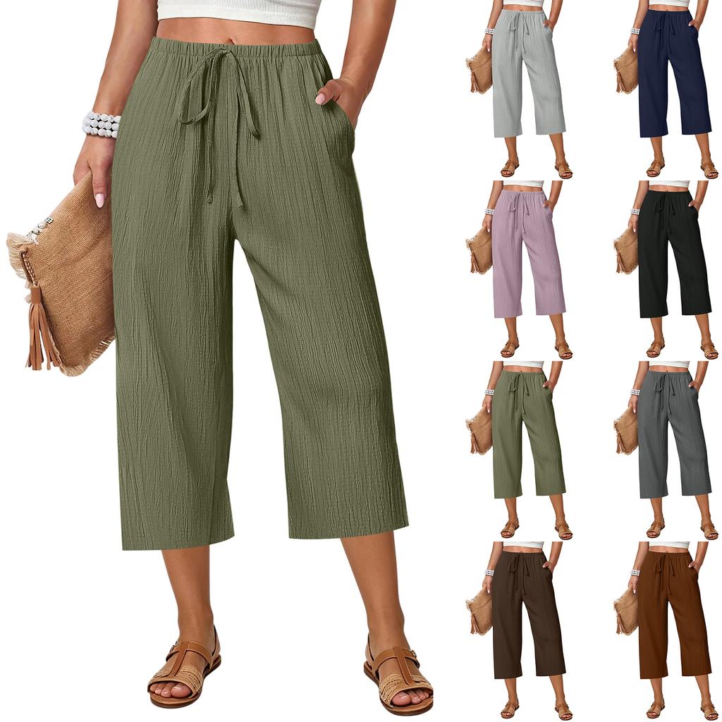 Women Drawstring Waist Wide Leg Pants Loose Fit Cropped Trousers Lightweight Elastic Waistband Casual Style