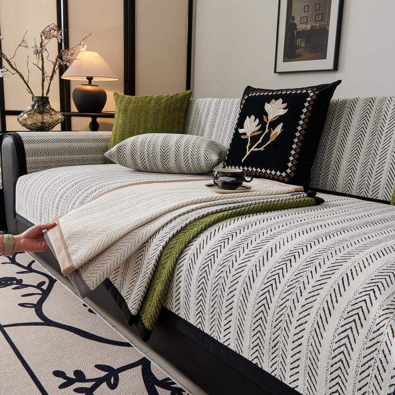 Sofa Cushion Universal In All Seasons, Non-Slip Fish Bone Pattern French Medieval Style Simple Straight Row Seat Cushion Cover Cloth, Sofa Cover Towel