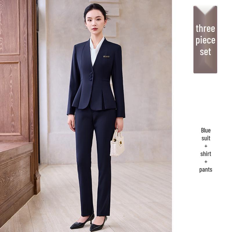 Elegant Collarless Women's Suit Set for Hotel Manager & Receptionist Spring/Autumn Workwear