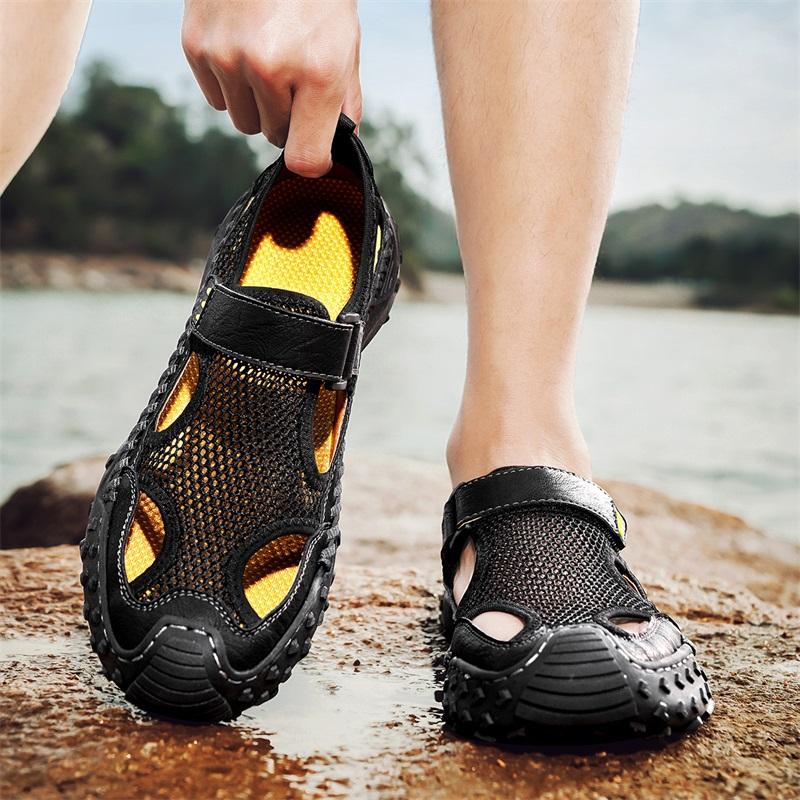 Sandale de vară respirabile pentru bărbați, sandale romane la modă, pantofi casual din plasă făcuți manual cu platformă, sandale de plajă de exterior pentru bărbați