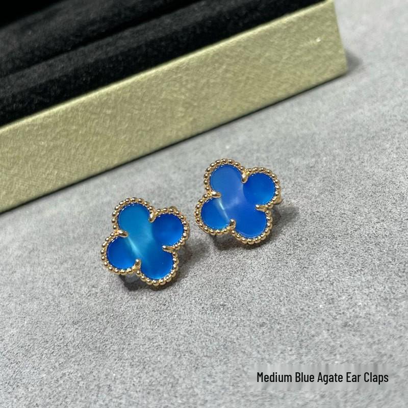 High-Version 18K Rose Gold Earrings: Four-Leaf Clover with White Mother-of-Pearl & Red Agate - Fashionable, Luxurious, INS Style.
